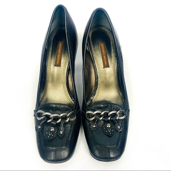 ANTONIO MELANI Black Leather Square Toe Heeled Loafers with Chain Detail - Picture 7 of 7